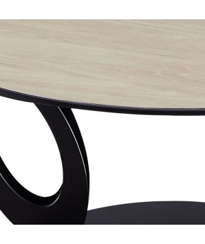 Table basse OGIVE détail plateaux pivotant céramique wood clair verre pieds design organique