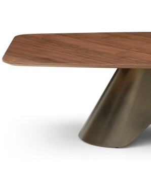 Table basse rectangulaire CHRISTINA detail plateau noyer pied col de chemise bronze design sculptural