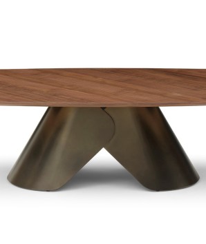 Table basse rectangulaire CHRISTINA plateau noyer detail pied col de chemise bronze design sculptural