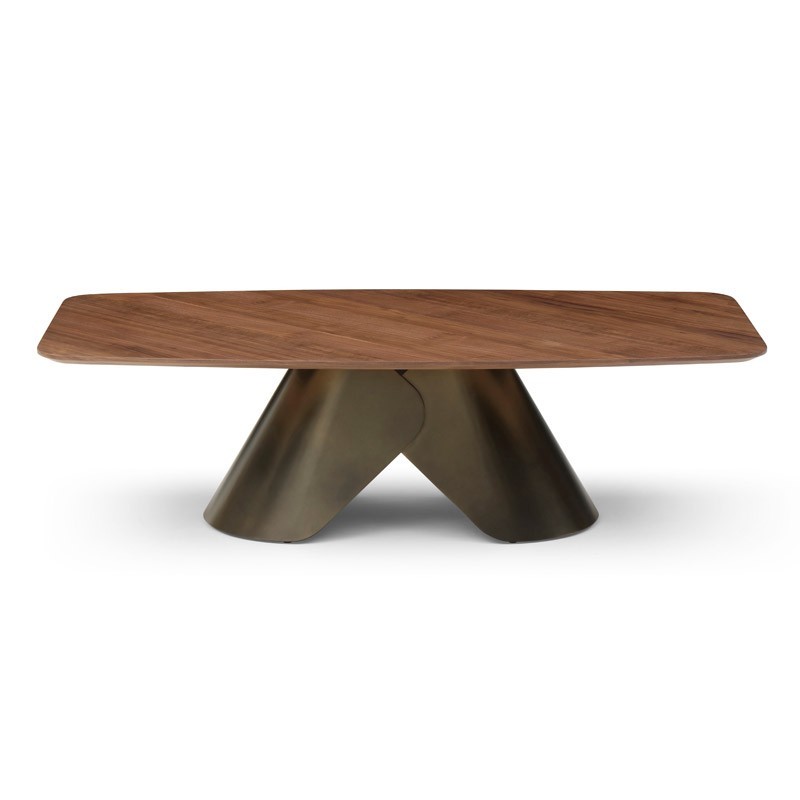 Table basse rectangulaire CRISTINA plateau noyer pied col de chemise bronze design sculptural