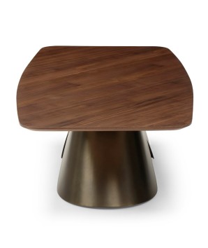 Table basse rectangulaire CHRISTINA plateau noyer pied col de chemise bronze design sculptural vue profil