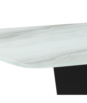 Table repas ALEXIA rectangulaire 8 personnes detail plateau verre marbre jade piètement géométrique sculpturale