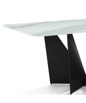 Table repas ALEXIA rectangulaire 8 personnes plateau verre marbre jade detail piètement géométrique sculpturale