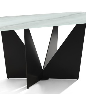 Table repas ALEXIA rectangulaire 8 personnes plateau verre marbre jade piètement géométrique detail sculpturale