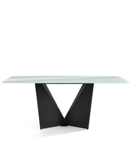 Table repas ALEXIA rectangulaire 8 personnes plateau verre marbre jade piètement géométrique sculpturale