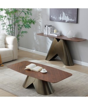 gamme table basse Console CHRISTINA plateau noyer pied col de chemise bronze design sculptural