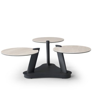 table basse ORCHIDEE 3 plateaux céramique travertin pivotant sculpturale modernisme italien ouverte