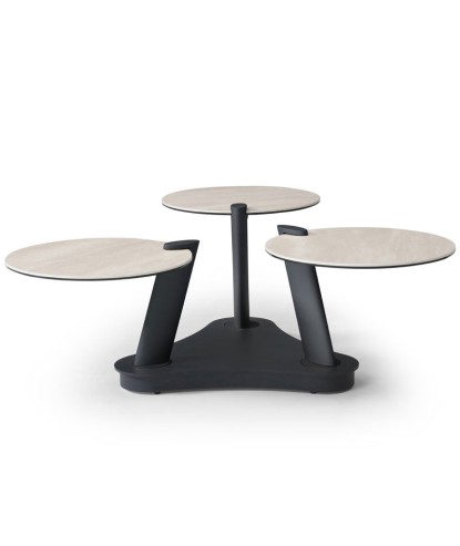 table basse ORCHIDEE 3 plateaux céramique travertin pivotant sculpturale modernisme italien ouverte