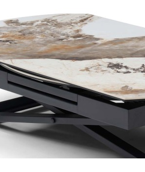 Table relevable STAND UP céramique pandora polymorphe rectangulaire ou ronde design industriel modernisé detail mécanisme