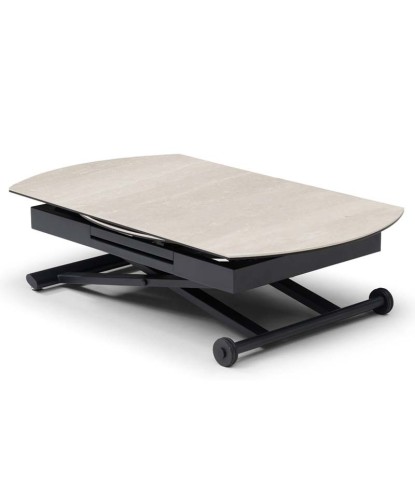 Table relevable STAND UP céramique travertin polymorphe rectangulaire ou ronde design industriel modernisé basse fermée