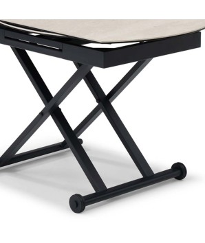 Table relevable STAND UP céramique travertin polymorphe rectangulaire ou ronde design industriel modernisé pied X