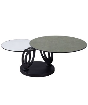 Table basse OGIVE plateaux pivotant céramique shadow verre pieds design organique ouverte