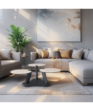 Table basse ORCHIDEE 3 plateaux pivotant céramique Travertin dans salon