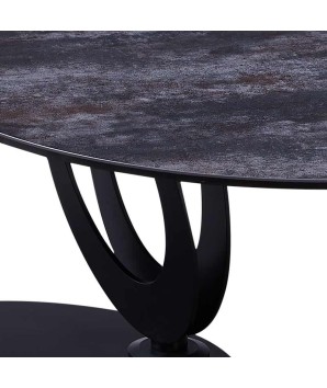 Table basse OGIVE détail plateaux pivotant céramique acier corten verre pieds design organique