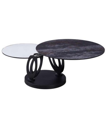 Table basse OGIVE plateaux pivotant céramique acier corten verre pieds design organique ouverte