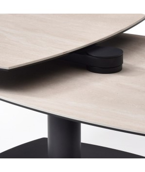 Table basse TONGA 2 plateaux pivotant céramique travertin detail mecanisme modulaire pied métal