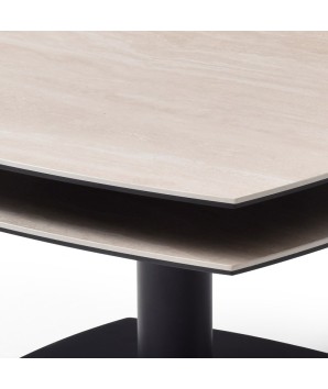Table basse TONGA detail 2 plateaux pivotant céramique travertin modulaire pied métal