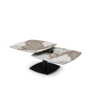 Table basse TONGA 2 plateaux pivotant céramique pandora ouverte modulaire pied métal vue 3/4