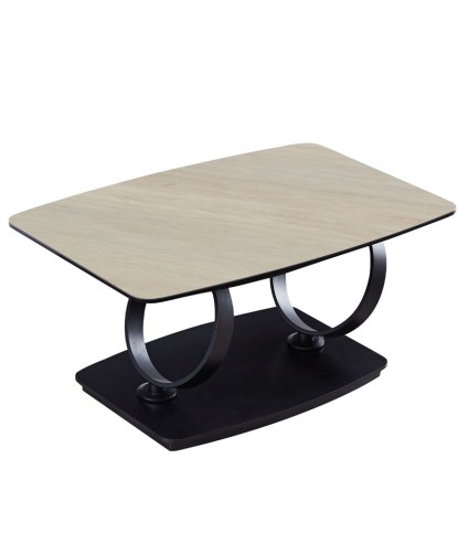 Table basse en verre et  céramique Wood clair rectangulaire 2 plateaux pivotants SATURNE