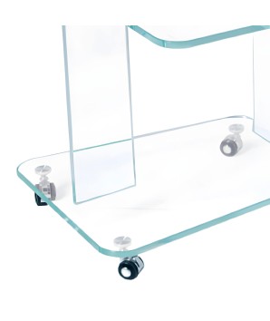 Coin canapé BOLZANO détail montant verre sur roulettes étagère design minimaliste fonctionnel
