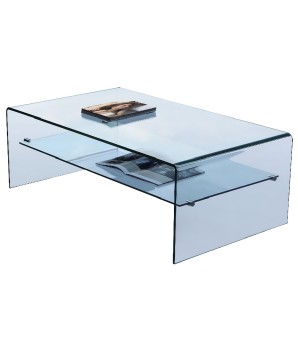 table basse ECO verre courbe incolore avec étagère design minimaliste