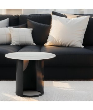 Coin canapé rond ANGLET plateau verre marbré pied métal Industriel