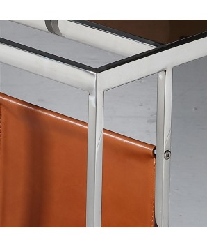 bout de canapé rectangulaire verre inox VINTAGE détail pochette simili-cuir