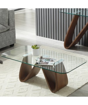 table basse rectangulaire bord arrondis verre bois WENDY