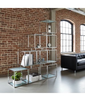 bibliothèque Etagères MODULO complète structure inox verre transparent design modernisme industriel 70s