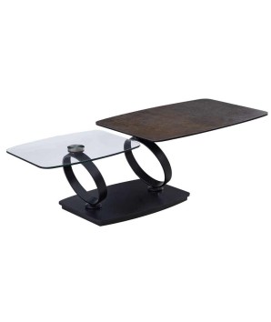 Table basse SATURNE plateau céramique pivotant acier corten design italien cinématique ouvert