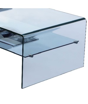 table basse ECO détail verre courbe incolore avec étagère design minimaliste