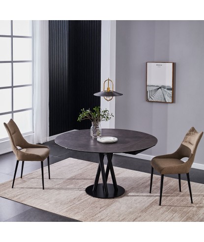 Table repas SARA plateau pivotant céramique acier corten 6 8 personnes pied entrelace design dans salle a manger