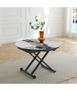 Table relevable STAND UP céramique cold jade polymorphe rectangulaire ou ronde design industriel modernisé dans salon