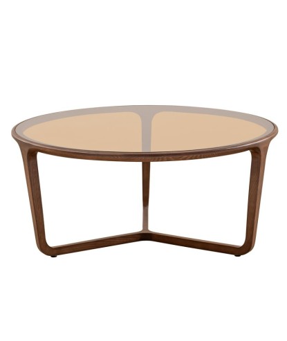 table basse ronde bois noyer verre sepia design SYMPHONIE grand modele