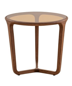 Bout de canape verre sepia bois noyer SYMPHONIE rond vue face