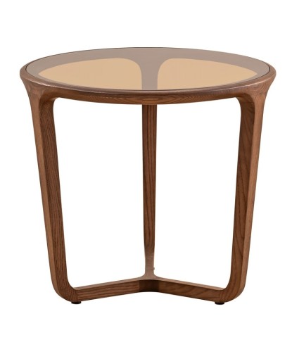 Bout de canape verre sepia bois noyer SYMPHONIE rond vue face