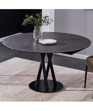 Table repas SARA plateau pivotant détail ouvert céramique acier corten 6 8 personnes pied entrelace design