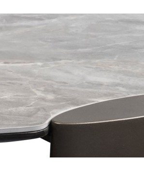 table basse design futuriste AJACCIO détail pied bronze plateau céramique silver détail assemblage