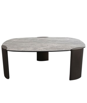 grande table basse futuriste AJACCIO pied bronze plateau céramique silver stone vue face