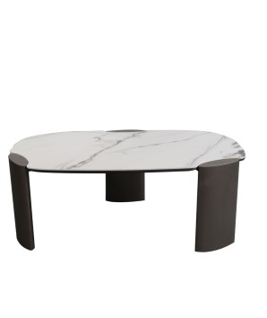 table basse haut de gamme AJACCIO pied bronze plateau céramique golden stone vue fac