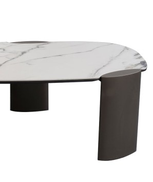 table basse futuriste AJACCIO détail pied bronze plateau céramique golden stone