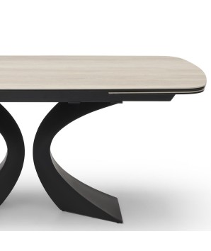 table de repas extensible design OLYMPIA zoom rallonge céramique travertin fermée