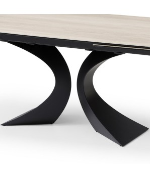 table a manger design pied arche OLYMPIA détail piètement métal rallonge céramique travertin