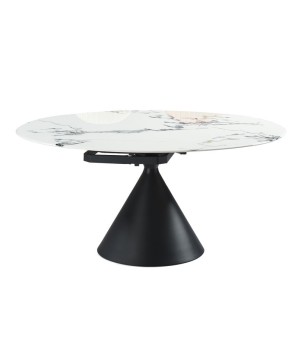 table ronde extensible design ORNELLA pied conique pierre microcristaline 4-6 personnes rallonge ouverte