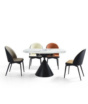 table salle a manger pied central ORNELLA pied conique pierre microcristaline 4-6 personnes ouverte