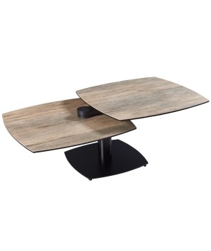 Table basse TONGA plateau pivotant céramique wood foncé ouverte modulaire pied métal