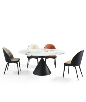 table salle a manger pied central ORNELLA pied conique pierre microcristaline 6-8 personnes ouverte