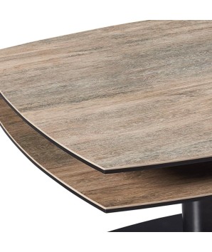 Table basse TONGA plateau pivotant ferme céramique wood foncé modulaire pied métal