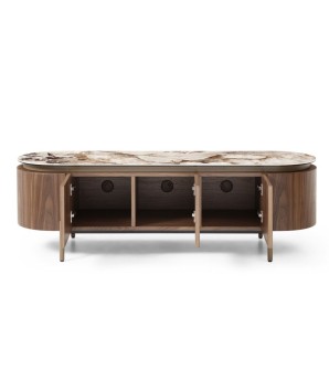 Meuble TV moderne design Mid Century CLEA bois céramique patagonia vue face 3 portes ouvertes