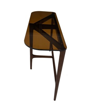 Console bois verre sépia Mid Century Moderne SYMPHONIE 3 pieds vue profil